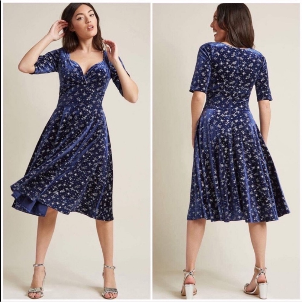 Modcloth Collectif Vixen Trixie Velvet Sparkle Doll Dress Snowflake Blue Size M